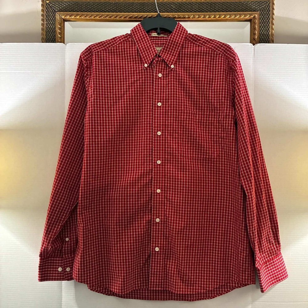 Eddie Bauer Button Down Shirt Mens L Tall Red Plaid Wrinkle Resistant Cotton